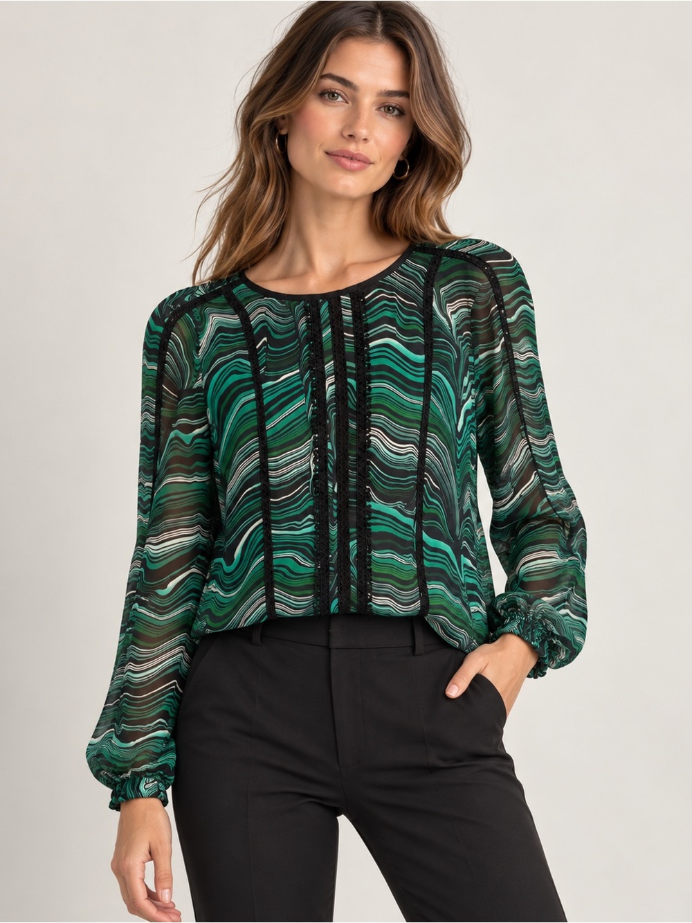Veronica Beard Size 2 Green Black Abstract Swirl Print Sheer Lace Trim Blouse